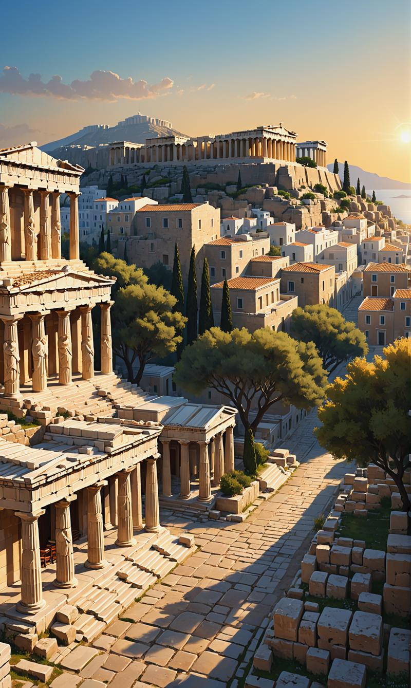 02461-222389783-Ancient Greek city at sunrise, Acropolis standing majestic against the warm hues of the morning sky, Doric columns casting long.png